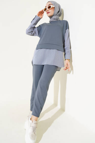 Çizgili Garnili Tunik İkili Takım Füme - İkili Takım