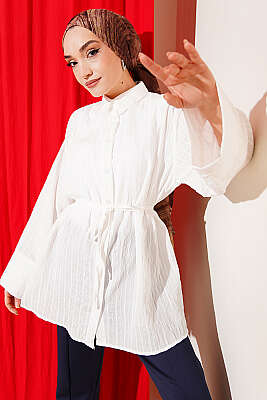 Çizgili Geniş Kollu Gömlek Ekru - VAV TEKSTİL