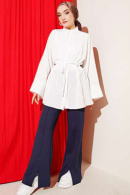 Çizgili Geniş Kollu Gömlek Ekru - Gömlek