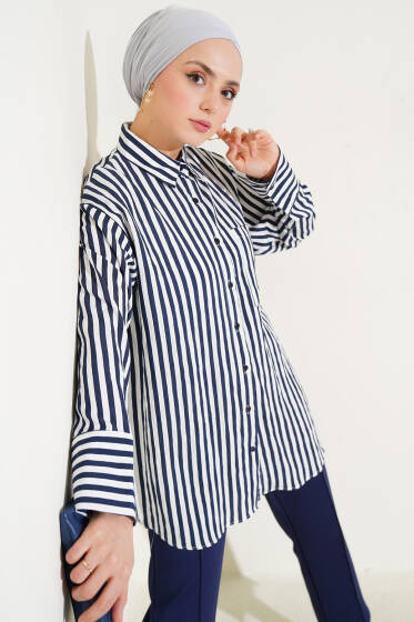 Çizgili Geniş Manşetli Gömlek Lacivert - Gömlek
