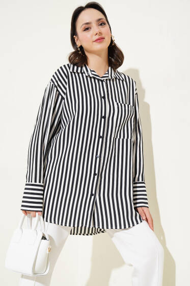 Çizgili Geniş Manşetli Gömlek Siyah - Gömlek