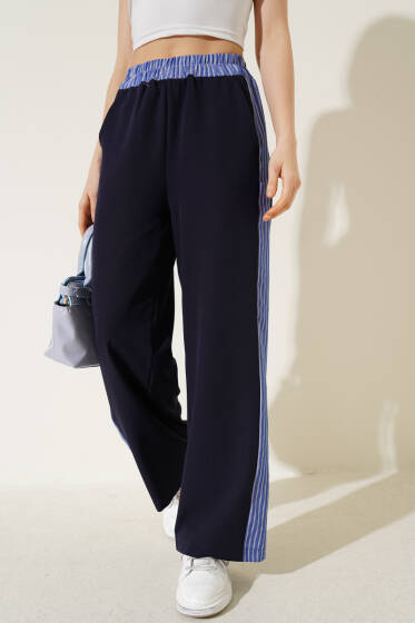 Çizgili Geniş Şeritli Pantolon Lacivert - Kadın Giyim Modelleri