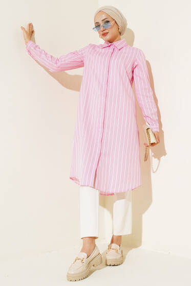 Çizgili Gizli Düğmeli Gömlek Pembe - Gömlek