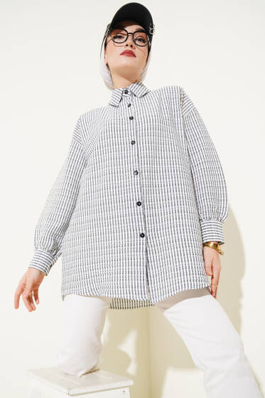 Çizgili Gofre Gömlek Siyah - Gömlek