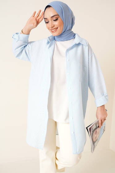 Çizgili Gofre Kumaş Buz Mavisi Gömlek - Gömlek
