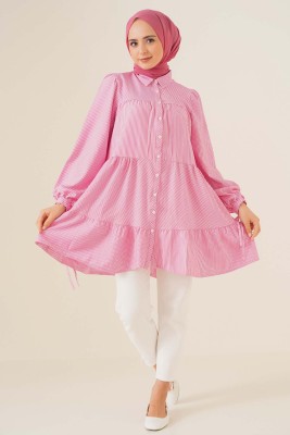 Çizgili Gofre Tunik Fuşya - Tunik