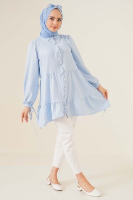 Çizgili Gofre Tunik Mavi - Tunik