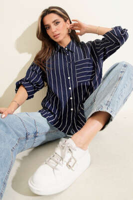 Çizgili Göğüs Cepli Salaş Gömlek Lacivert - LUSTRİN