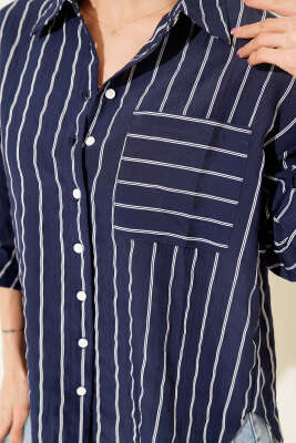 Çizgili Göğüs Cepli Salaş Gömlek Lacivert - Kadın Giyim Modelleri