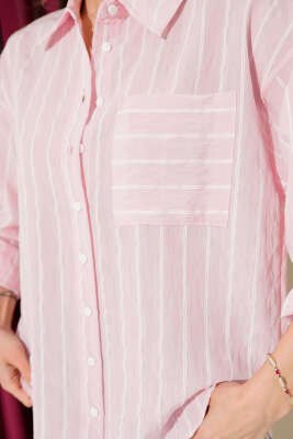 Çizgili Göğüs Cepli Salaş Gömlek Pembe - Kadın Giyim Modelleri