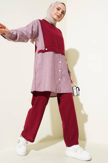 Çizgili Gömlek Garnili Düğmeli İkili Takım Bordo - İkili Takım