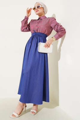 Çizgili Gömlek Garnili Elbise Bordo 