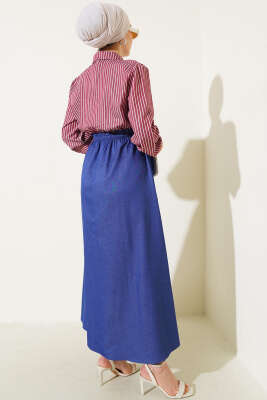 Çizgili Gömlek Garnili Elbise Bordo - Tesettür Elbise