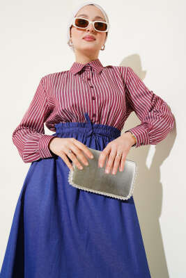 Çizgili Gömlek Garnili Elbise Bordo - Tesettür Elbise