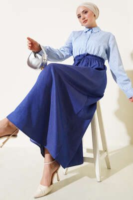 Çizgili Gömlek Garnili Elbise Buz Mavisi 