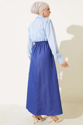 Çizgili Gömlek Garnili Elbise Buz Mavisi - Tesettür Elbise