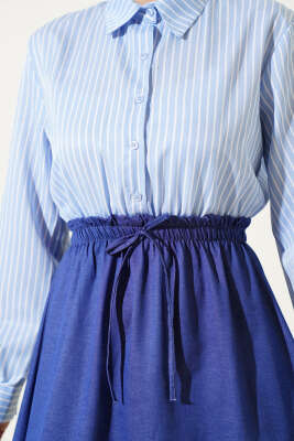 Çizgili Gömlek Garnili Elbise Buz Mavisi - Tesettür Elbise