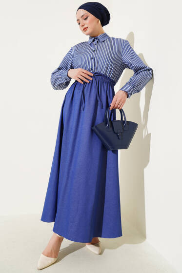 Çizgili Gömlek Garnili Elbise Kot - Elbise