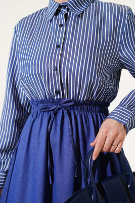 Çizgili Gömlek Garnili Elbise Kot - Tesettür Elbise