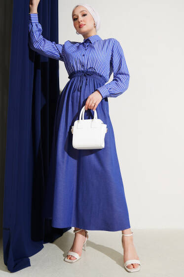 Çizgili Gömlek Garnili Elbise Lacivert - Elbise