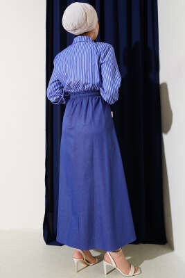 Çizgili Gömlek Garnili Elbise Lacivert - Tesettür Elbise