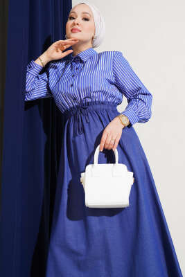 Çizgili Gömlek Garnili Elbise Lacivert - Tesettür Elbise