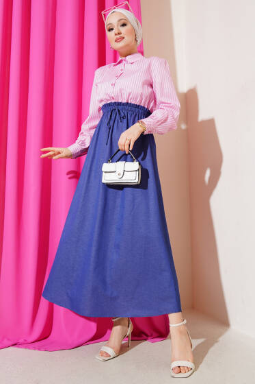 Çizgili Gömlek Garnili Elbise Pembe - Elbise