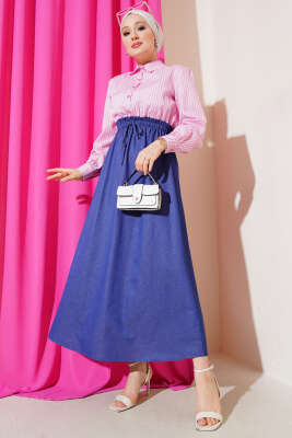 Çizgili Gömlek Garnili Elbise Pembe - Tesettür Elbise