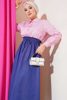 Çizgili Gömlek Garnili Elbise Pembe - Tesettür Elbise