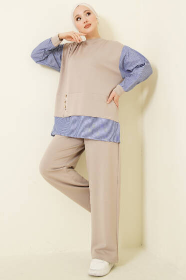 Çizgili Gömlek Garnili Loyşa İkili Takım Bej - İkili Takım