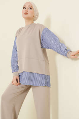 Çizgili Gömlek Garnili Loyşa İkili Takım Bej - İkili Takım