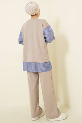 Çizgili Gömlek Garnili Loyşa İkili Takım Bej - İkili Takım