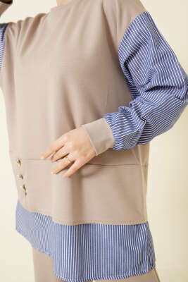 Çizgili Gömlek Garnili Loyşa İkili Takım Bej - İkili Takım