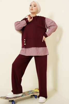 Çizgili Gömlek Garnili Loyşa İkili Takım Bordo - HATUN