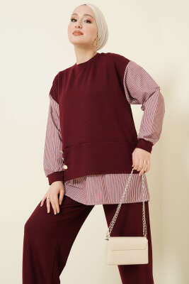 Çizgili Gömlek Garnili Loyşa İkili Takım Bordo - İkili Takım
