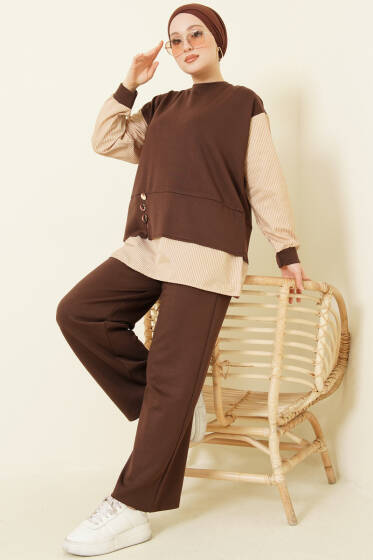 Çizgili Gömlek Garnili Loyşa İkili Takım Kahve - İkili Takım