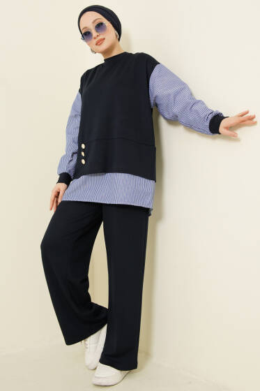 Çizgili Gömlek Garnili Loyşa İkili Takım Lacivert - İkili Takım