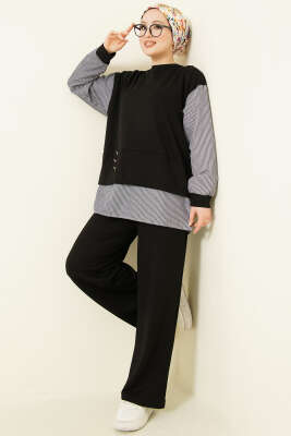 Çizgili Gömlek Garnili Loyşa İkili Takım Siyah - HATUN