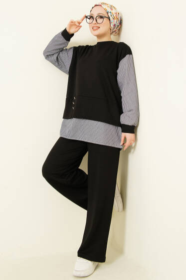 Çizgili Gömlek Garnili Loyşa İkili Takım Siyah - İkili Takım