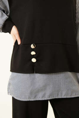 Çizgili Gömlek Garnili Loyşa İkili Takım Siyah - İkili Takım