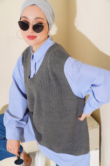 Gömlek Garnili Triko Süveter Füme - Triko