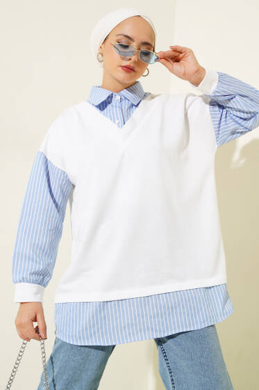 Çizgili Gömlek Garnili Tunik Mavi - Tunik