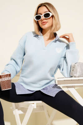 Çizgili Gömlek Garnili Üç İplik Sweatshirt Bebe Mavi - DİVON