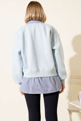 Çizgili Gömlek Garnili Üç İplik Sweatshirt Bebe Mavi - Kadın Giyim Modelleri