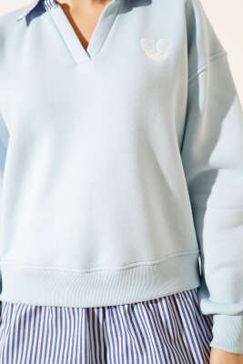 Çizgili Gömlek Garnili Üç İplik Sweatshirt Bebe Mavi - Kadın Giyim Modelleri