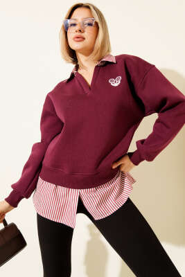 Çizgili Gömlek Garnili Üç İplik Sweatshirt Bordo - Kadın Giyim Modelleri