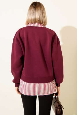 Çizgili Gömlek Garnili Üç İplik Sweatshirt Bordo - Kadın Giyim Modelleri