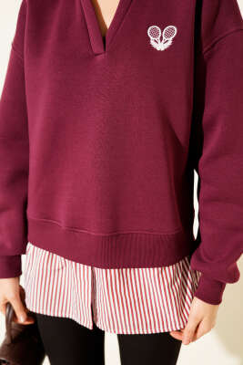 Çizgili Gömlek Garnili Üç İplik Sweatshirt Bordo - Kadın Giyim Modelleri