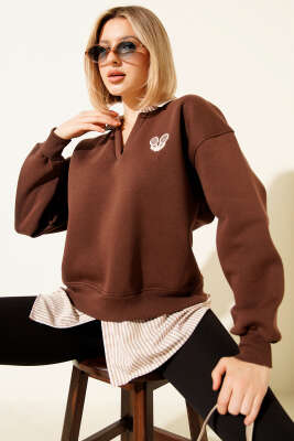 Çizgili Gömlek Garnili Üç İplik Sweatshirt Kahve - DİVON