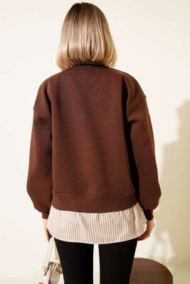 Çizgili Gömlek Garnili Üç İplik Sweatshirt Kahve - Kadın Giyim Modelleri